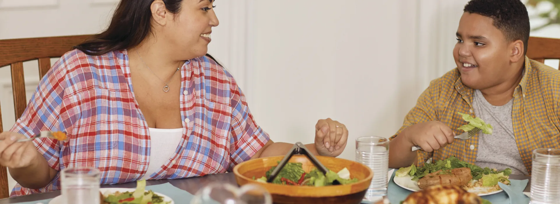 mom and son eating